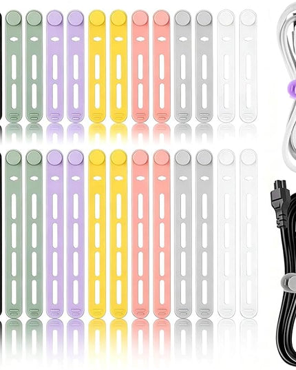 28Pcs Silicone Cable Ties Reusable, Multipurpose Cable Management Organizer, Adjustable Fastening Cable Straps with Locking Buckles, High Elasticity Cord Organizer, Travel Essentials(2 Sizes, 7Colors)