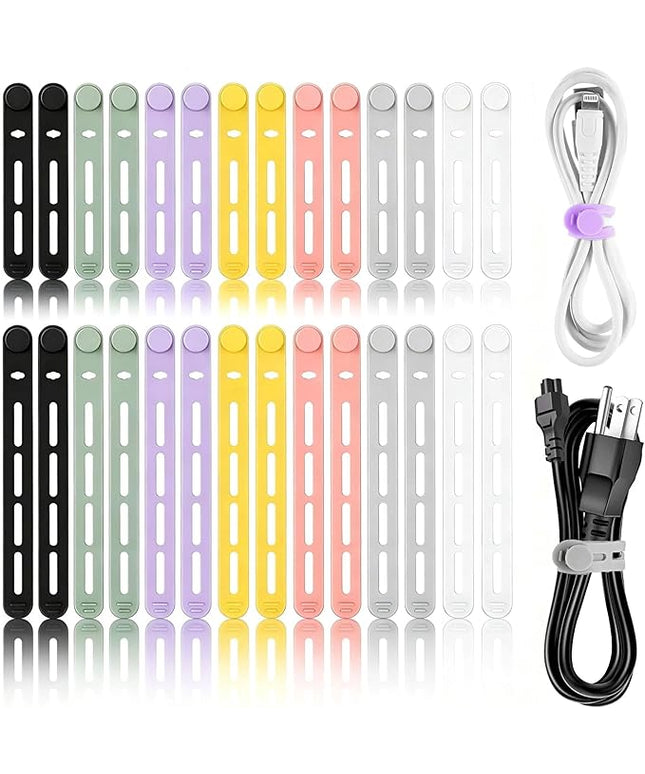 28Pcs Silicone Cable Ties Reusable, Multipurpose Cable Management Organizer, Adjustable Fastening Cable Straps with Locking Buckles, High Elasticity Cord Organizer, Travel Essentials(2 Sizes, 7Colors)
