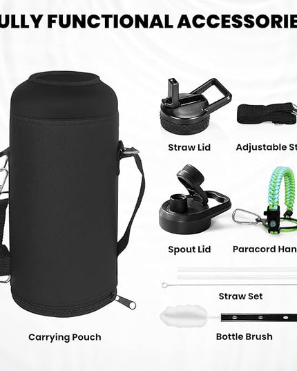 Insulated Water Bottle 87 oz, Triple Wall Vacuum Stainless Steel (Cold for 48 Hrs), Leak Proof & Non-BPA, Modern Water Flask Jug with Paracord Handle & Straw Spout Lids, Ombre Green
