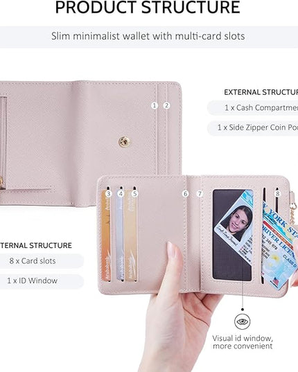 POIUGOYA Slim Wallet for Women,RFID Blocking Bifold Credit Card Holder with Zipper Coin Pocket,ID Window,Keychain