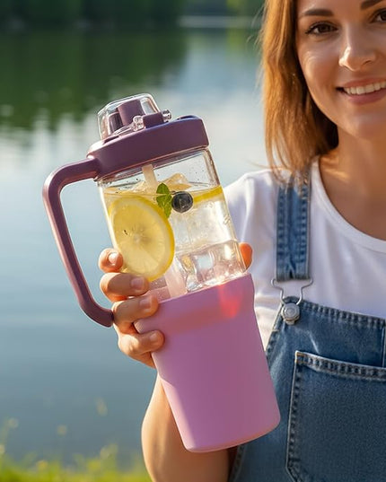 32oz Glass Water Bottle, 2-in-1 Straw and Sip Spout Lid, Leakproof Wide Mouth Tumbler with Handle, BPA-Free Reusable Bottle for Sports, Office, Outdoor, Lilac