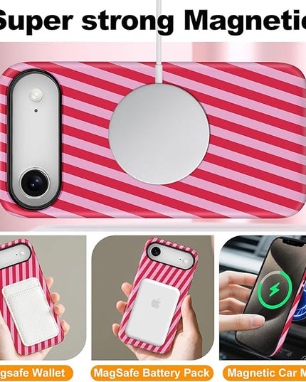 Magnetic for iPhone 17 Air Case Cute Diagonal Stripes Phone Case, Shockproof Slim TPU and Hard PC Protective Phone Cover Compatible with MagSafe Designed for Women Girls,Red