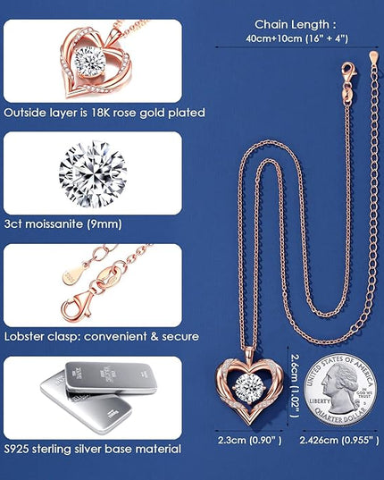 Beam & Bask 2-3 Ct Moissanite Heart Necklaces for Women, 18K Gold Plated Romantic Pendant for Anniversary Birthday, 925 Sterling Silver Jewelry for Wife Girlfriend Mom Her