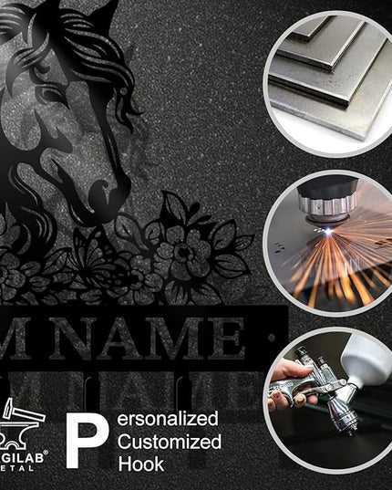 Personalized Custom Name Farm Horse Wall Key Hooks,Metal Horse Art Clothes Hooks,Metal Horse Wall Home Storage Decorative,For Front Door, Hallway, Kitchen, Bedroom,Keys,Hats (Style C)