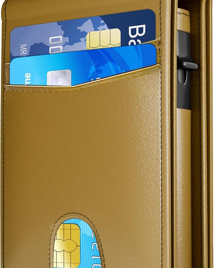 QLD Wallet for Men - RFID Blocking [Functional & Practical] Bifold Slim Minimalist Credit Card Holder Pop Up Metal Case with Cash Slot Front Pocket with ID Window, Gift Boxed (Brown)