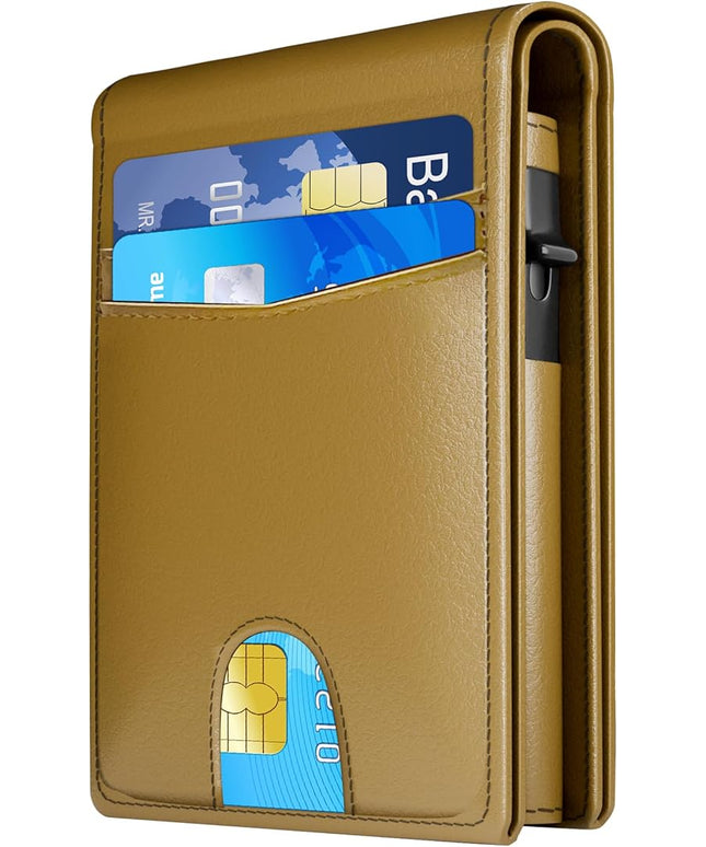 QLD Wallet for Men - RFID Blocking [Functional & Practical] Bifold Slim Minimalist Credit Card Holder Pop Up Metal Case with Cash Slot Front Pocket with ID Window, Gift Boxed (Brown)
