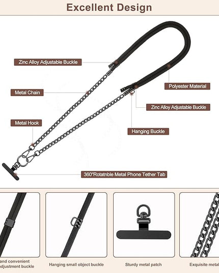Cell Phone Chain Crossbody Phone Lanyard with 2 Metal Tether Tabs, Adjustable Black Braided Phone Strap and Phone Chain Strap Combination, Cell iPhone Lanyard Crossbody for Women and Men, Black