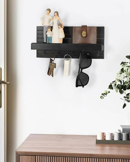 Lwenki Decorative Key Holder for Wall with Shelf, Entryway Shelf with Hooks Holds Leashes, Jackets and Glasses – Sturdy Wood Keyholder Entrance Hanger with Mounting Hardware (Black, Medium)
