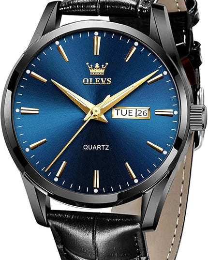 OLEVS Watches for Men Brown Leather Gold Case Analog Quartz Fashion Business Dress Watch Day Date Luminous Waterproof Casual Male Wrist Watches