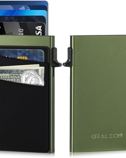 Slim Card Holder Wallet for Men with 12 Card Slots,RFID Blocking Pop Up men's wallet,Metal Wallet with Superelastic Material Expandable Front Pocket Perfectly holds cards,bills,and coins(green)