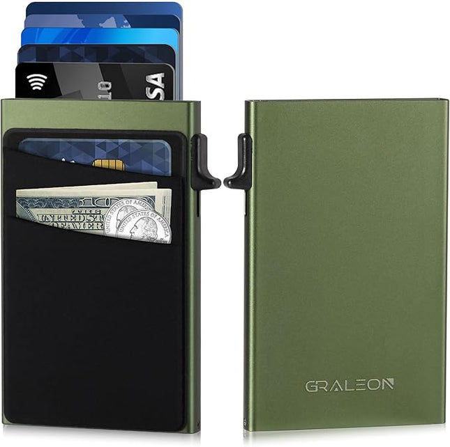 Slim Card Holder Wallet for Men with 12 Card Slots,RFID Blocking Pop Up men's wallet,Metal Wallet with Superelastic Material Expandable Front Pocket Perfectly holds cards,bills,and coins(green)