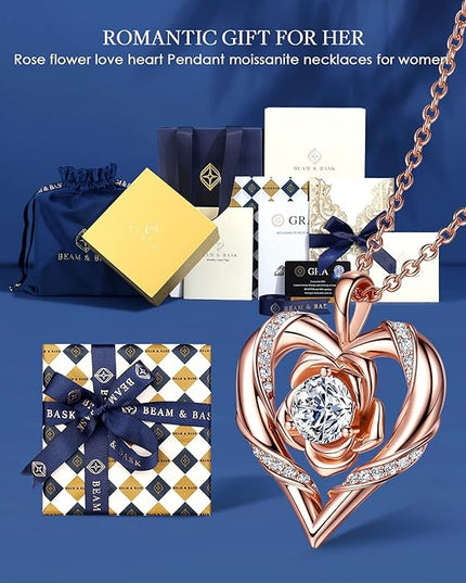 Beam & Bask Rose Flower Heart Moissanite Necklaces for Wife, S925 Silver Pendant for Women, 18K Gold Plated Jewelry for Her Girlfriend Mom for Anniversary Birthday