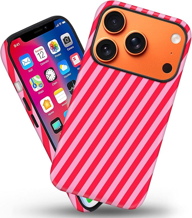Magnetic for iPhone 17 Pro Max Case Cute Diagonal Stripes Phone Case, Shockproof Slim TPU and Hard PC Protective Phone Cover Compatible with MagSafe Designed for Women Girls,Red