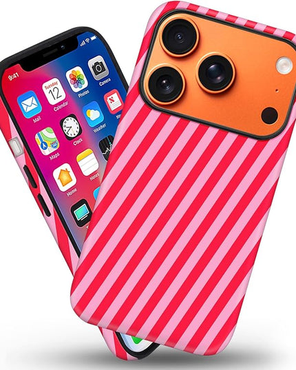 Magnetic for iPhone 17 Pro Case Cute Diagonal Stripes Phone Case, Shockproof Slim TPU and Hard PC Protective Phone Cover Compatible with MagSafe Designed for Women Girls,Red