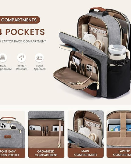 LOVEVOOK Laptop Backpack for Women with Pouch Pocket for Large Capacity Cup,18 Inch Teacher Nurse College Work Backpack Purse,Waterproof Laptop Bag Computer Back Pack for Travel, Grey-Black-Brown