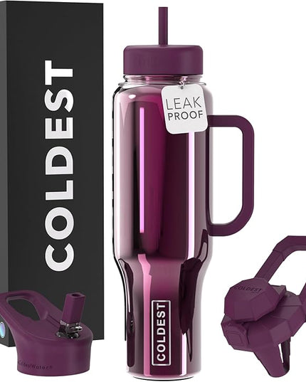 Coldest Tumbler with Handle and Straw, 100% Spill Proof Tumbler with Straw (3 Lids), Stainless Steel Insulated Leakproof Tumblers for Women Men, Cup Holder Friendly, 46 oz (Purple Lantern Reflections)