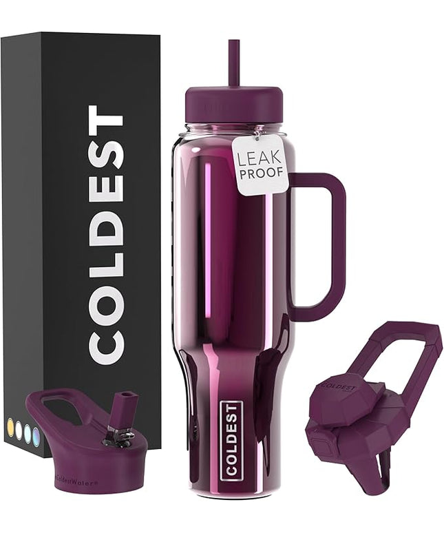 Coldest Tumbler with Handle and Straw, 100% Spill Proof Tumbler with Straw (3 Lids), Stainless Steel Insulated Leakproof Tumblers for Women Men, Cup Holder Friendly, 46 oz (Purple Lantern Reflections)