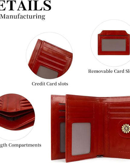 Blucoay Leather Wallet Women,RFID Blocking Womens Wallet Bifold Compact Card Holder Small Wallet for Women with Removable ID Window Winered