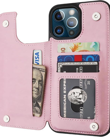 ONETOP Compatible with iPhone 13 Pro Max Wallet Case with Card Holder,PU Leather Kickstand Card Slots Case, Double Magnetic Clasp and Durable Shockproof Cover 6.7 Inch(Pink)