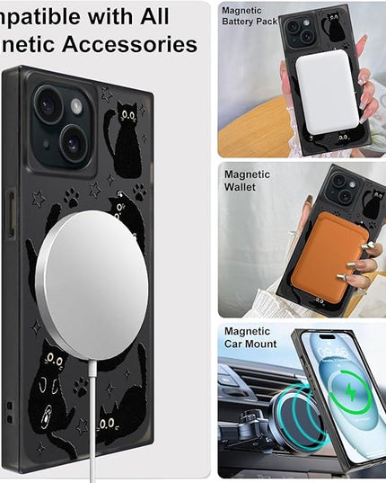 Cute Case for iPhone 15 Case for Women Girls Boys [Compatible with Magsafe] Kawaii Black Cats Cat Pattern Design, Aesthetic Girly Animal Rectangle Magnetic Protective Phone Cover