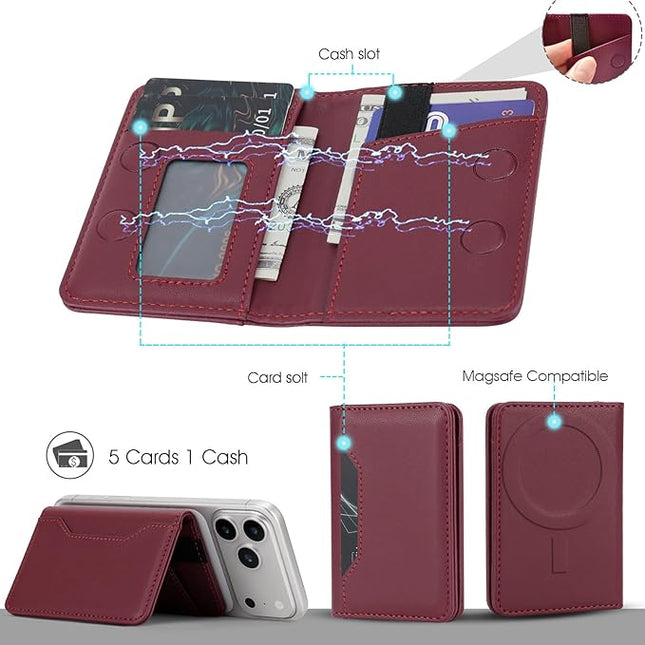 ASAPDOS For MagSafe Wallet,Magnetic Card Holder RFID Blocking Wallet with 5 Card Slots & Cash Pocket For iPhone 17/16/ 15/14/ 13/12/ Pro/Max/Plus/Air Red