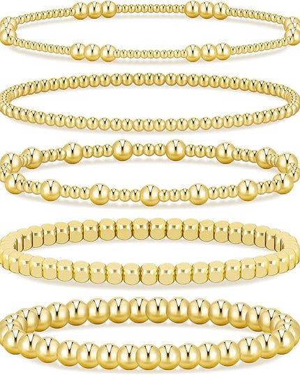 Gold Beaded Bracelets for Women, 14K Real Gold Plated Jewelry for Women Dainty Pearl Bead Bracelets Stack, Non Tarnish Trendy Stackable Ball Cross Stretch Bracelet Set Fashion Accessories Gifts