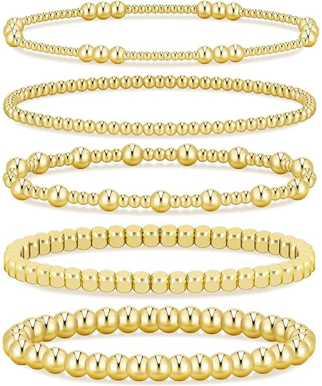 Gold Beaded Bracelets for Women, 14K Real Gold Plated Jewelry for Women Dainty Pearl Bead Bracelets Stack, Non Tarnish Trendy Stackable Ball Cross Stretch Bracelet Set Fashion Accessories Gifts