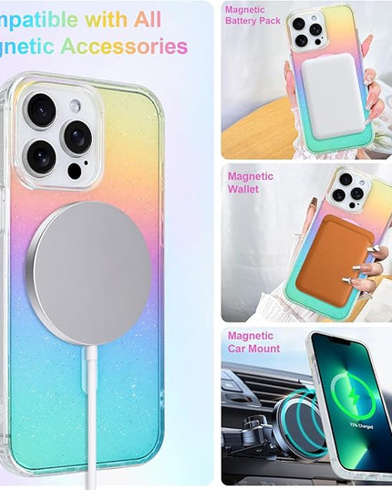 Glitter Case for iPhone 13 Pro Case for Women Girls [ Compatible with Magsafe ] Clear Cute Girly Aesthetic Iridescent Rainbow Sparkly Bling Magnetic Phone Cover, Gradient Blue & Pink
