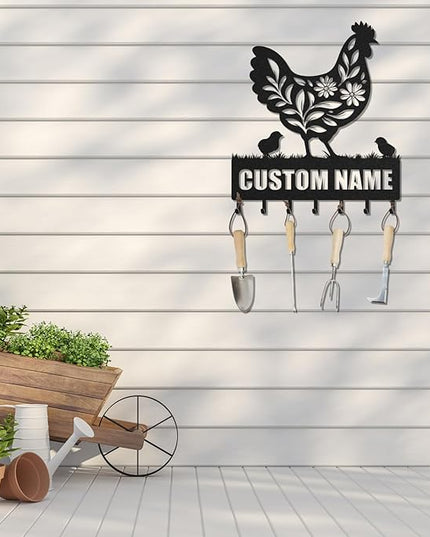 LOWACOS Personalized Key Holder for Wall, Custom Metal Chicken Key Hooks with Name, Meta Jacket Holder Hooks Organizer Rack, Jacket Hanger Decor for Kitchen, Entryway, Hallway, Office, Doorway