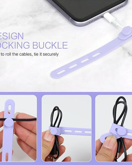 Donruby 24Pcs Silicone Cable Ties - Reusable & Washable with Locking Buckles, Adjustable Fastening Cable Management Straps, Multi-Purpose High Elasticity Cord Organizer (Purple)
