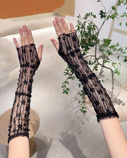 SHENHE Women's Sheer Lace Tulle Gloves Fingerless Elbow Length Arm Sleeves Mittens