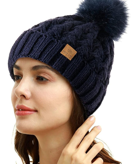 PAGE ONE Womens Winter Ribbed Beanie Crossed Cap Chunky Cable Knit Pompom Soft Warm Hat