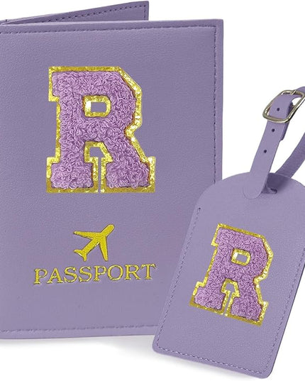 COSHAYSOO Initial Passport Cover Luggage Tag Set Letter Passport Holder Airplane Cruise Travel Essentials Vacation Traveling Accessories Personalized Gifts for Women Teen College Girls Purple R