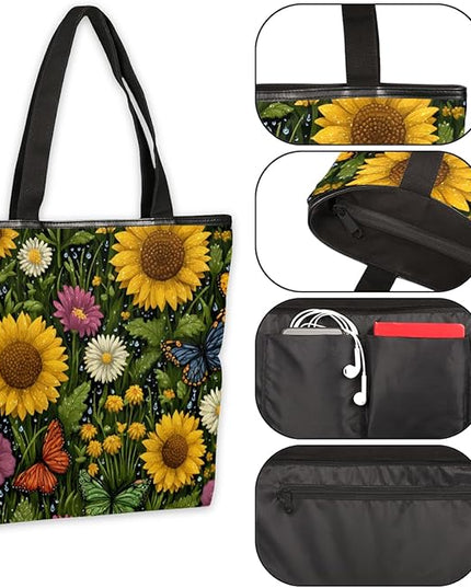 Pardick Canvas Tote Bags, Sunflower Daisy Butterfly Tote Bag Eco Friendly Reusable Grocery Shopping Bagsfor Beach, Books, Women with Zipper Inner Pocket