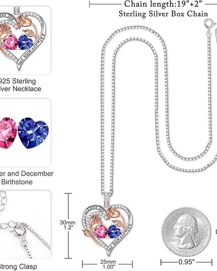 Iefil Christmas Gifts for Women Wife - 925 Sterling Silver Rose Heart Birthstone Necklace Birthday Anniversary Jewelry Gifts for Her Wife Mom Daughter