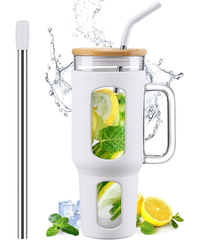 Glass Tumbler with Lid and Straw, 46 oz Iced Coffee Cup with Handle, Large Water Bottles with Silicone Sleeve, Glass Cup with Straws - Pearl Straw & Drinking Straw BPA Free-White