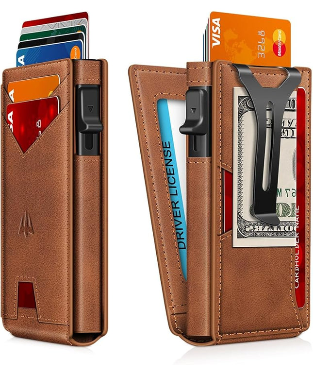 Ruiici Wallet for Men, Slim Minimalist Wallet with Money Clip＆ID Window, RFID Blocking Pop-Up Credit Card Holder, Smart Auminum Mens Wallet Holds 9-13 Cards (Gift Box) (Brown)