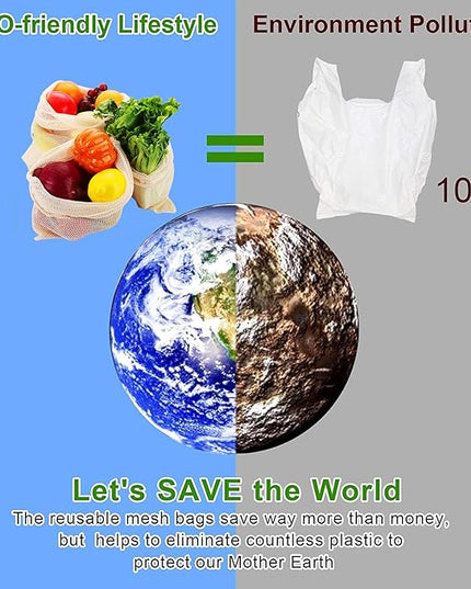 Reusable-Cotton-Mesh-Produce-shopping-Bags-Washable Eco Friendly Premium See Through Lightweight Net zero Bulk Bags for Veggie Fruit Vegetable Grocery Storage (9 Packs)