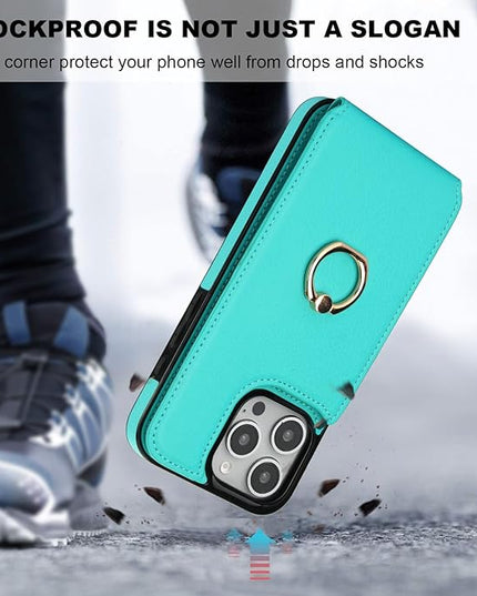 Folosu Compatible with iPhone 16 Pro Max Case Wallet with Card Holder, 360°Rotation Finger Ring Holder Kickstand, RFID Blocking Leather Protective Double Buttons Shockproof Cover 6.9 Inch Mint Green