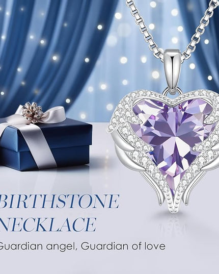 CDE Christmas Gifts for Women Angel Wings Necklace for Women with Birthstone, Love Heart Silver Tone/Gold Tone Pendant, Ideal Anniversary or Birthday Jewelry Gifts for Wife Girlfriend Her