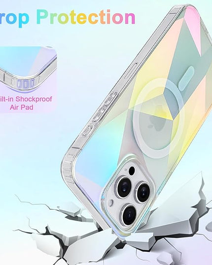 Cute Case for iPhone 15 Pro Max Case for Women Girls [ Compatible with Magsafe ] Clear Glitter Girly Aesthetic Rainbow Sparkly Bling Magnetic Phone Cover, Iridescent Geometry