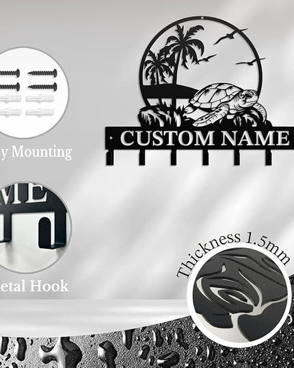 Casebrick Custom Sea Turtle Metal Wall Hooks,Key Holder-Personalized Iron Wall Decor for Keys, Coats & Home Organization (Black, Handmade,Decorative for Entryway, Beach,Bedroom,Office) (Style E)