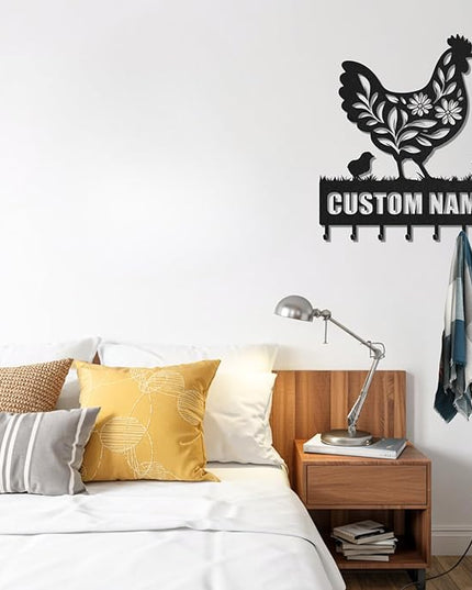 LOWACOS Personalized Key Holder for Wall, Custom Metal Chicken Key Hooks with Name, Meta Jacket Holder Hooks Organizer Rack, Jacket Hanger Decor for Kitchen, Entryway, Hallway, Office, Doorway