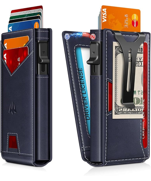 Ruiici Wallet for Men, Slim Minimalist Wallet with Money Clip＆ID Window, RFID Blocking Pop-Up Credit Card Holder, Smart Auminum Mens Wallet Holds 9-13 Cards (Gift Box) (Navy Blue)