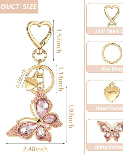 XGALBLA Cute Bling Crystals Rhinestone Butterfly KeyChain with Heart Pendant, Lovely Bag Charms for Handbags Purse Accessory