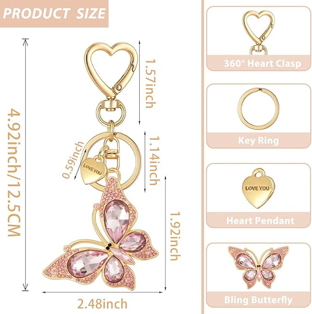 XGALBLA Cute Bling Crystals Rhinestone Butterfly KeyChain with Heart Pendant, Lovely Bag Charms for Handbags Purse Accessory