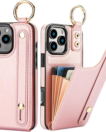 Folosu for iPhone 16 Pro Max Wallet Case with Card Holder, Hand Wrist Strap Loop Holder Kickstand, RFID Blocking Finger Grip Ring PU Leather Double Buttons Shockproof Cover 6.9" Rose Gold