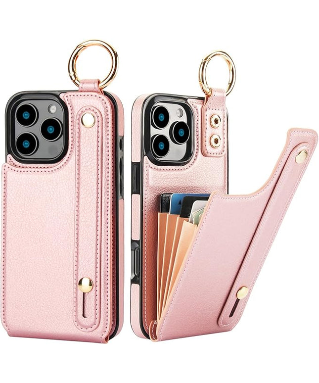 Folosu for iPhone 16 Pro Max Wallet Case with Card Holder, Hand Wrist Strap Loop Holder Kickstand, RFID Blocking Finger Grip Ring PU Leather Double Buttons Shockproof Cover 6.9" Rose Gold