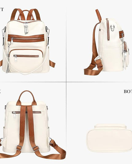 ALTOSY Genuine Leather Backpack Purse for Women Large Shoulder Bag With Laptop Compartment Multiple Pockets (S106 Beige/Brown)