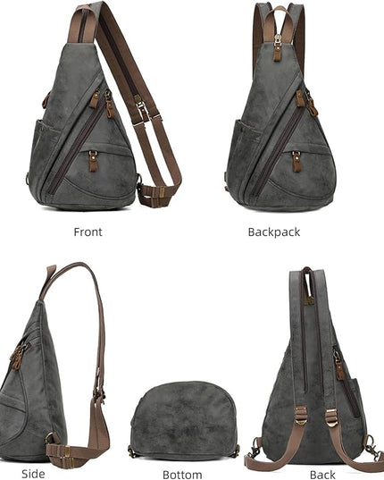 KL928 PU Leather Sling Bag - Small Crossbody Backpack Shoulder Casual Daypack Rucksack for Men Women